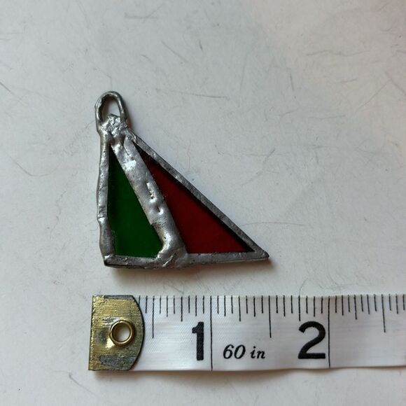 Handmade Silver tone Red and Green Stained Glass Triangular Pendant - Picture 4 of 4